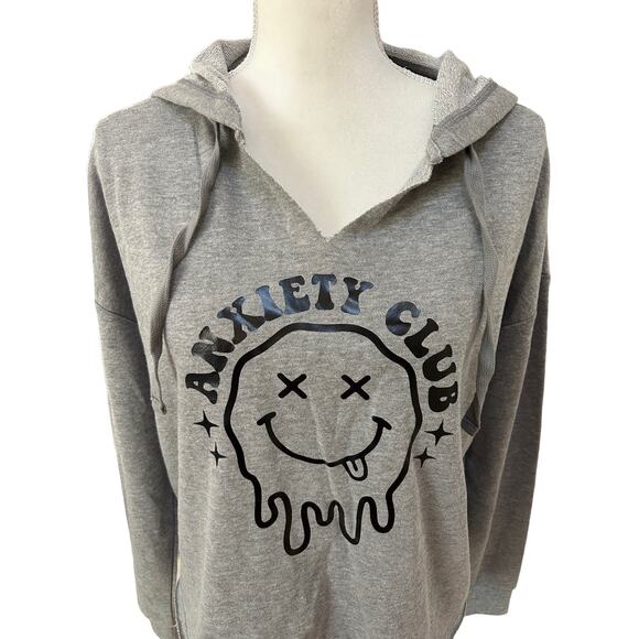 NWT Anxiety Club Dripping Smiley Face Gray Hooded Sweatshirt Oversized SZ Small - Picture 3 of 12